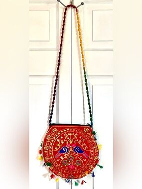 Indian Embroidered Peacock Crossbody Bag Boho Banjara Tassel Purse